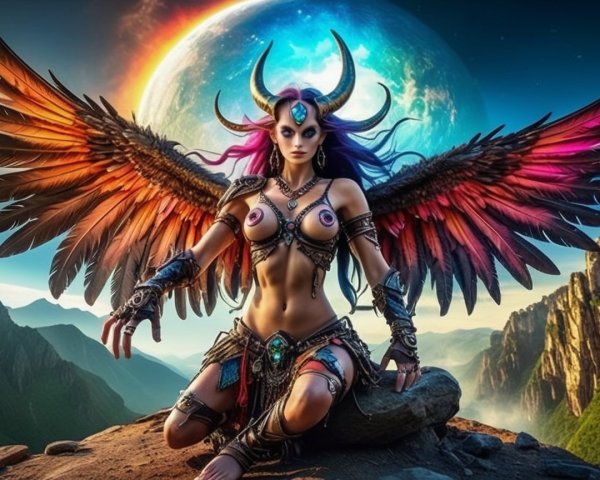 Fierce Warrior with Wings in Cosmic Fantasy Scene