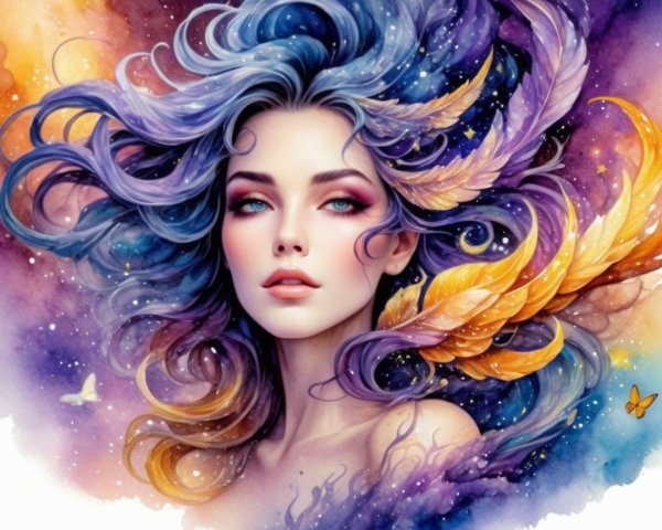 Mystical Woman with Vibrant Hair and Dreamy Background