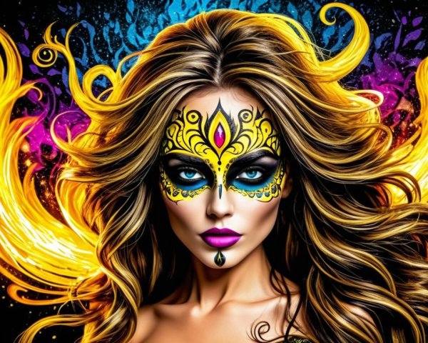 Vibrant Woman with Colorful Face Mask and Fiery Background
