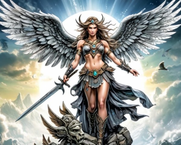 Angelic Figure with Wings and Sword on Rocky Outcrop