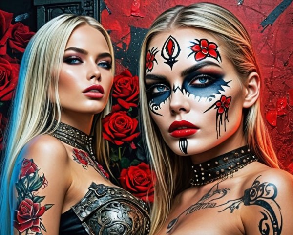Women with Tattoos and Bold Makeup Among Roses
