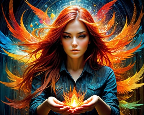 Woman with Red Hair Holding Glowing Flame in Colorful Background