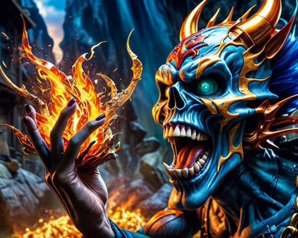 Skeletal Figure in Colorful Armor with Swirling Flame