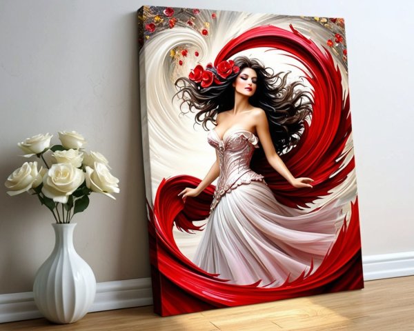 Vibrant Painting of Woman in White Gown with Roses