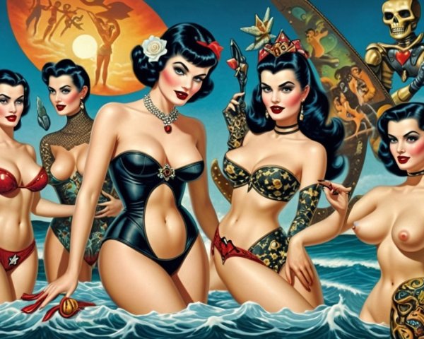 Retro-Inspired Scene with Women in Vintage Swimwear