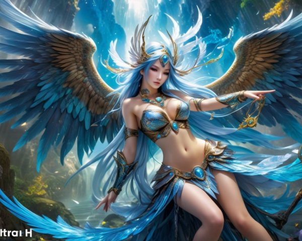 Fantasy Character with Blue Hair and Feathered Wings