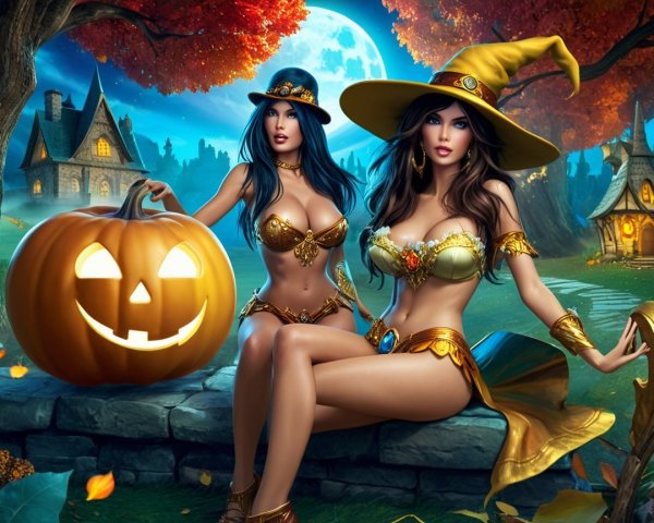 Witches in Costumes by Glowing Pumpkin in Autumn Village