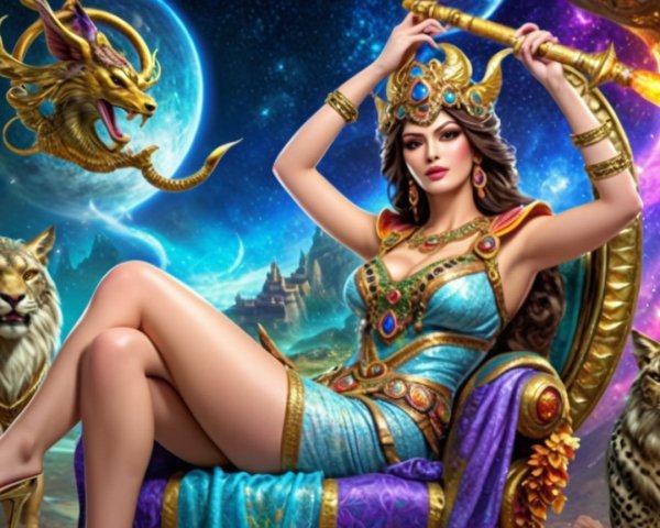 Regal Woman on Throne with Mythical Creatures