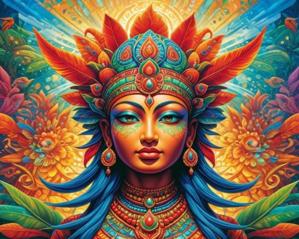 Vibrant Deity with Colorful Patterns and Nature Motifs