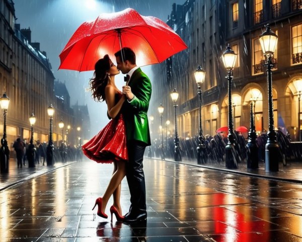 Couple Kissing Under Red Umbrella on Rainy Street