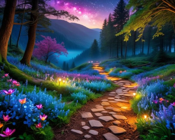 Serene forest scene with stone path and vibrant flowers