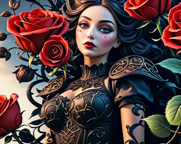 Fantasy Portrait of a Woman with Roses and Black Outfit