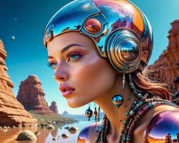 Futuristic Woman in Vibrant Landscape with Red Rocks
