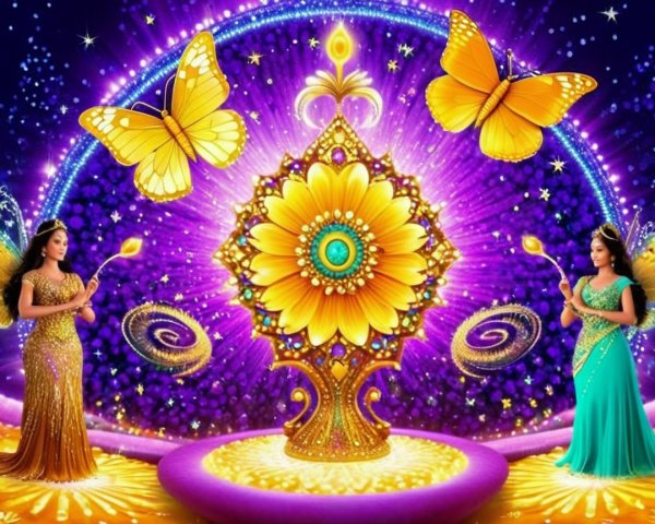 Vibrant Scene with Golden Flower and Elegant Women