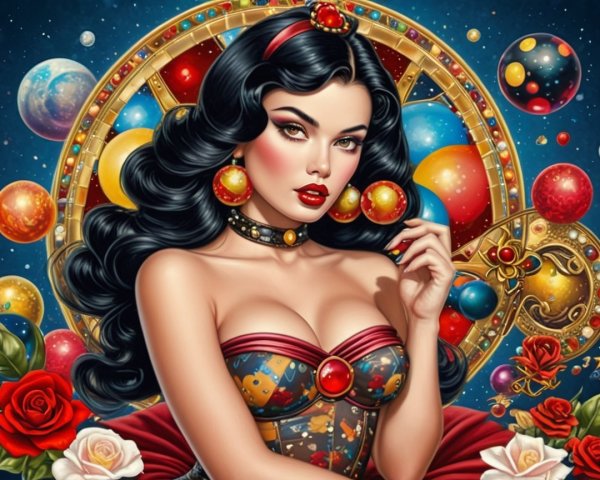 Glamorous Woman in Colorful Dress Against Celestial Backdrop