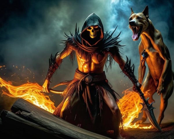 Dark Cloaked Figure with Skeleton Face and Dog Amid Flames