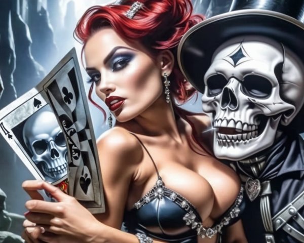 Gothic Scene with Red-Haired Woman and Skeleton Figure