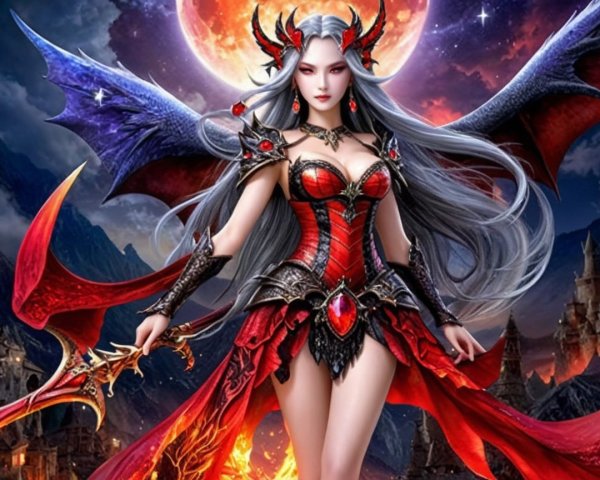 Female figure in red and black armor in fantasy landscape