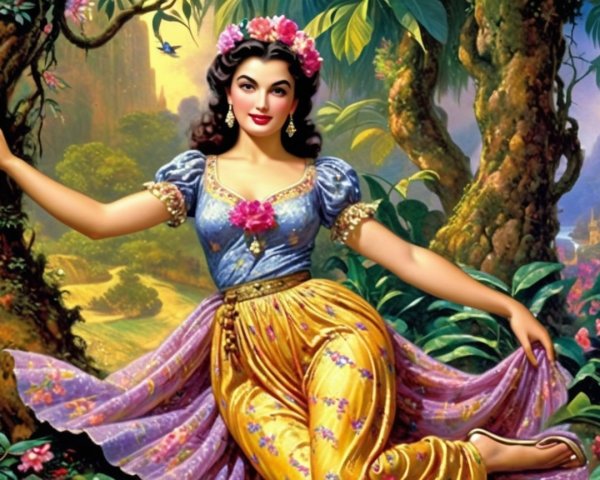 Woman in Blue Top and Yellow Pants in Enchanting Forest