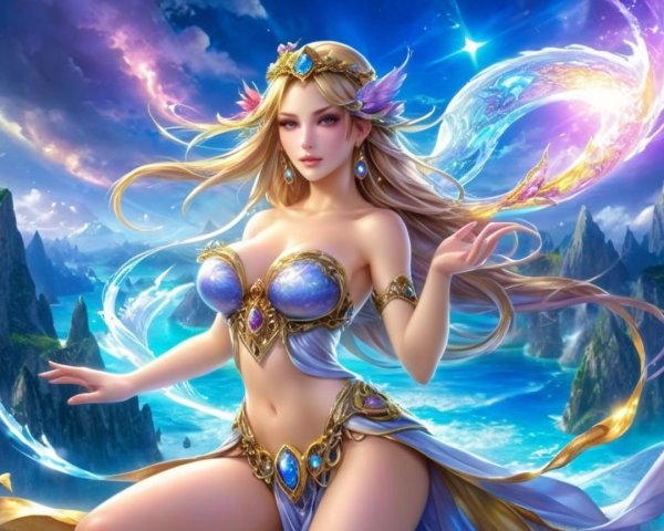 Fantasy Scene with Ethereal Goddess and Ocean View