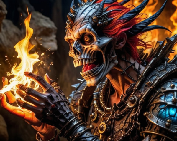 Fierce Character with Skeletal Face and Red Hair