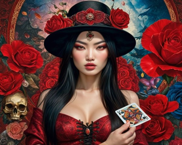 Striking Woman in Red Dress with Roses and Skull