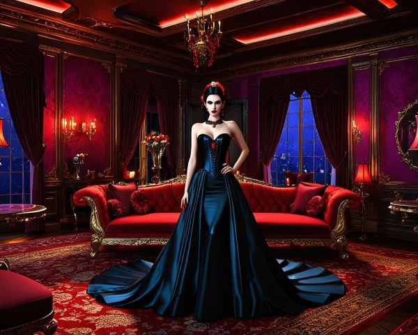 Elegant Woman in Opulent Room with Dramatic Decor