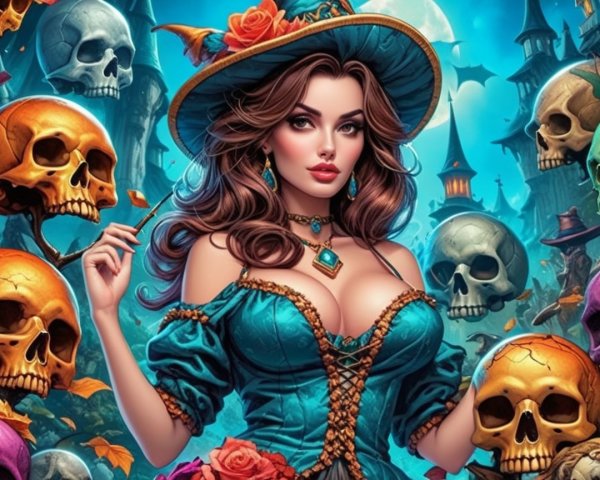 Fantasy Portrait of Woman in Turquoise Dress and Hat