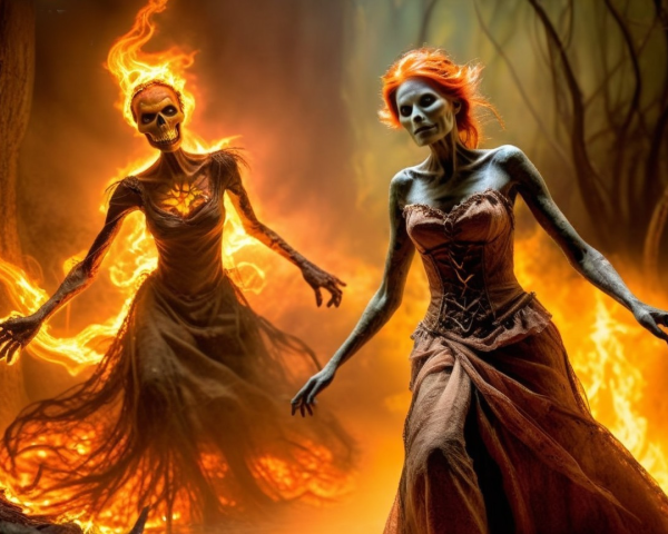 Skeletal Figures with Fiery Hair in Dark Forest Flames