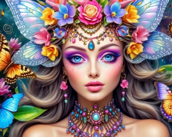 Fantasy Portrait of Woman with Flowers and Butterflies