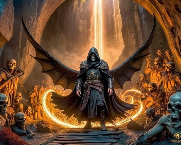 Cloaked Figure with Wings in Dark Cave Setting