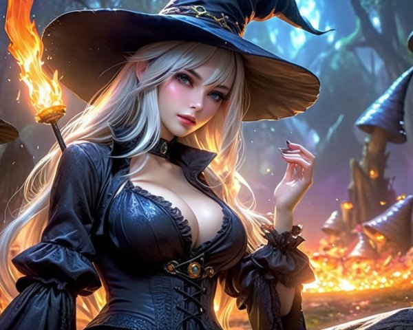 Witch in Elegant Outfit Surrounded by Mystical Elements