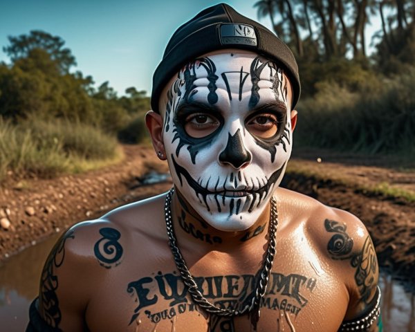 Portrait of a Young Man with Skull Makeup and Tattoos