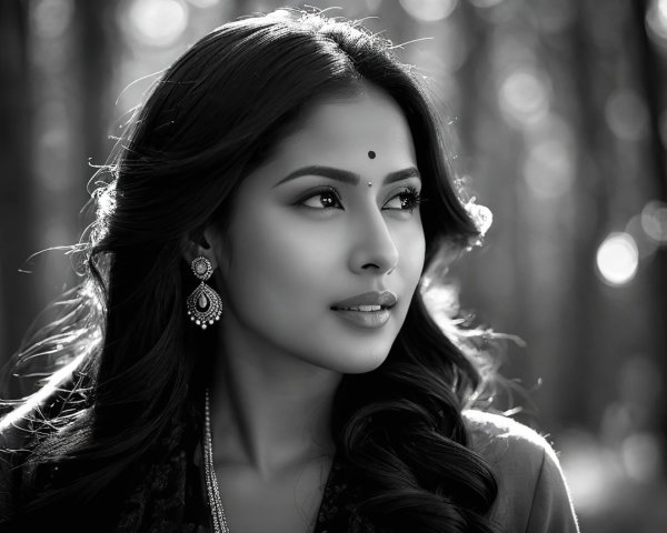 Black and White Portrait of a Young Woman in Nature