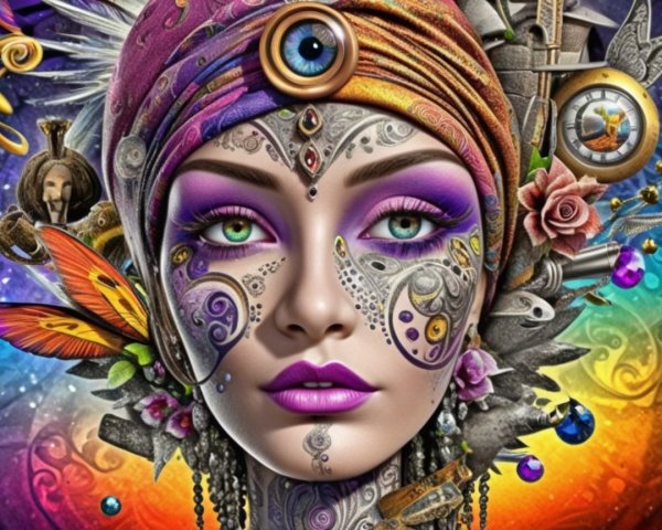 Colorful Portrait of a Woman with Intricate Face Art