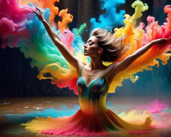 Dancer in Colorful Dress with Water Backdrop