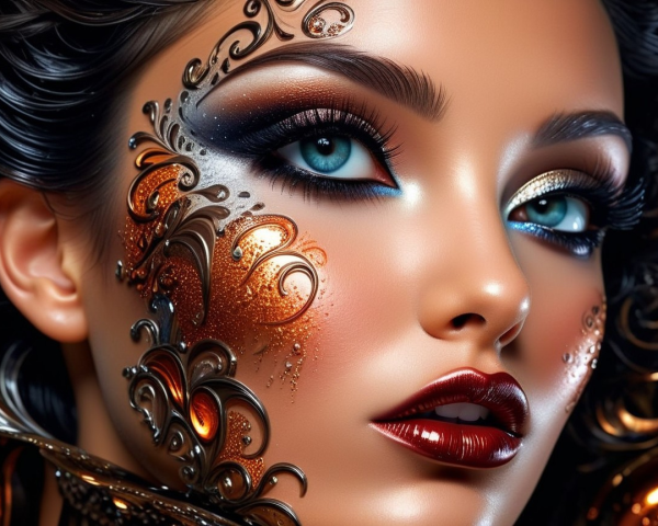 Close-up of a woman's face with metallic face art