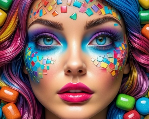 Portrait of a woman with multicolored hair and patterns