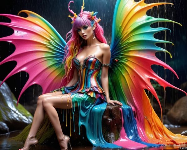 Fairy on Rock with Multicolored Dress and Wings