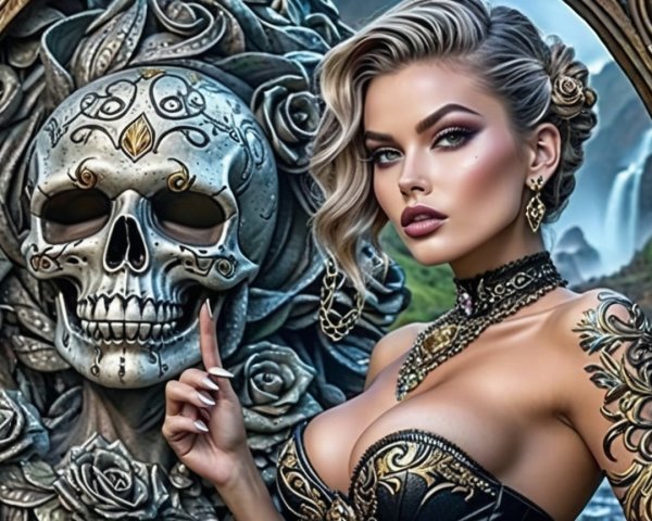 Glamorous Woman Posing with Decorated Skull and Roses