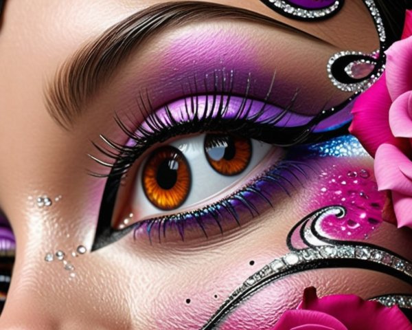 Close-up of a beautifully adorned eye with roses
