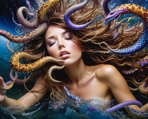 Underwater Scene with Woman and Colorful Sea Creatures