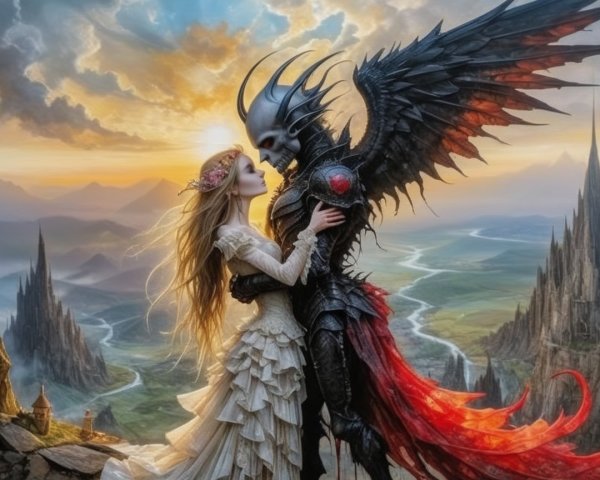 Mystical Couple Embraces in Fantasy Landscape at Sunset