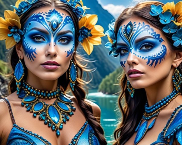 Women with Blue Face Paint and Floral Headpieces