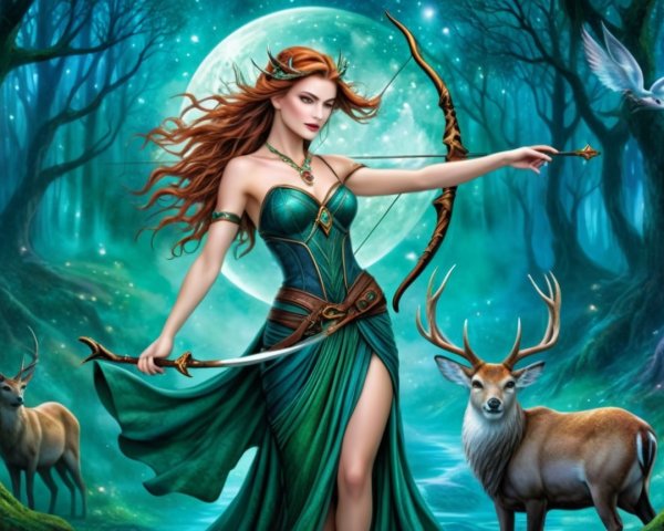 Mystical forest scene with female archer and wildlife