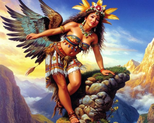 Mythical Warrior with Wings on Rocky Outcrop