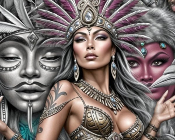 Intricate Female Figure with Jewelry and Feathered Headdress