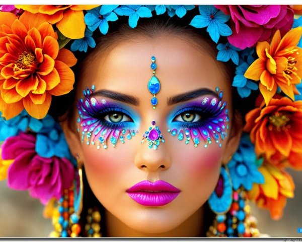 Portrait of a woman with floral accents and bold makeup