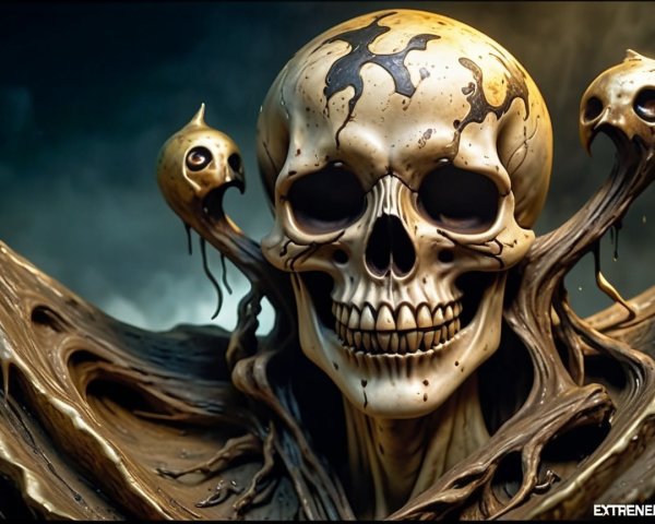 Surreal Skull with Dark Tendrils in Misty Atmosphere