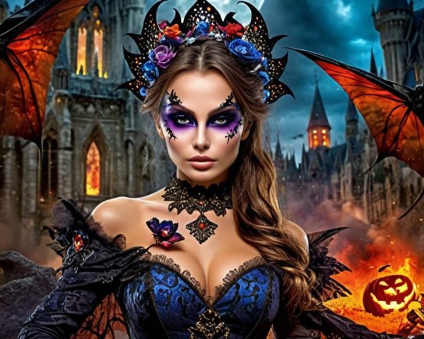 Gothic Castle Scene with Dark Gown and Pumpkin
